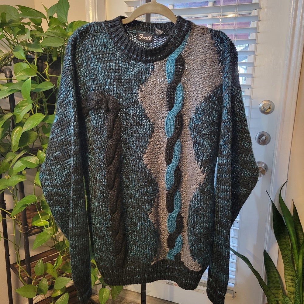 VTG Forte Men's L Teal Black Grey Cable Knit Textured Crewneck Sweater Acrylic